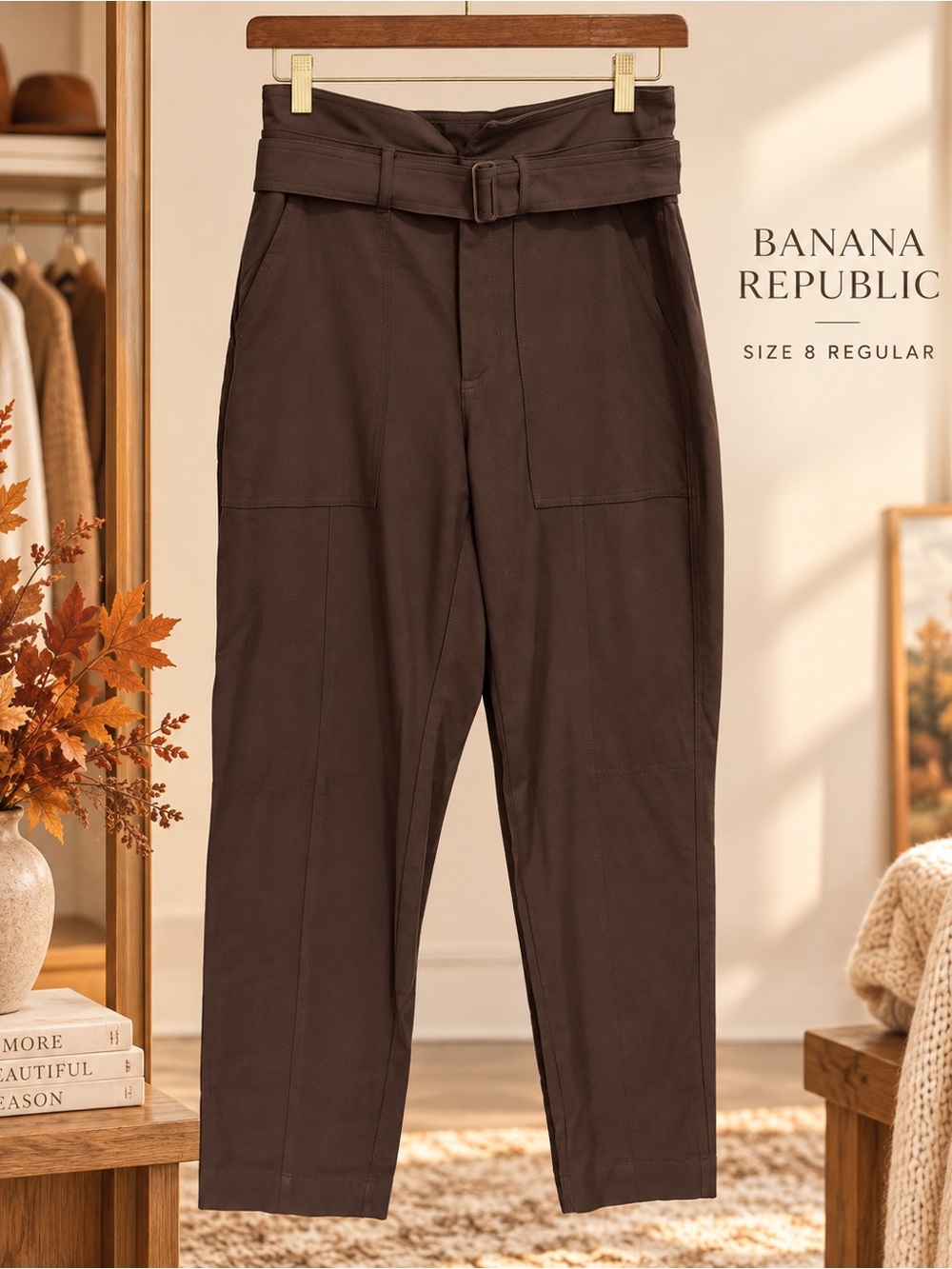 Banana Republic Dark Brown High-Waist Belted Chinos sz8 regular